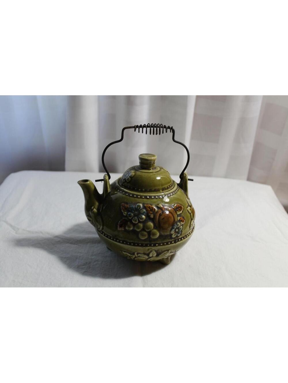 Vintage Olive Green Footed Ceramic Teapot, Japan